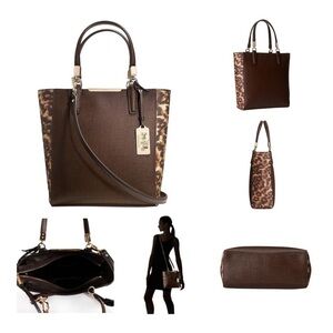 𝅺COACH Madison Mini North/South Colorblock Leopard/ Brown Saffiano Leather Tote